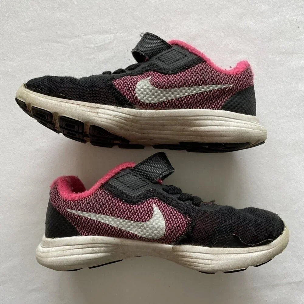 Nike Kids Black & Pink Worn Athletic Shoes With Velcro Straps 11.5C - Picture 10 of 10